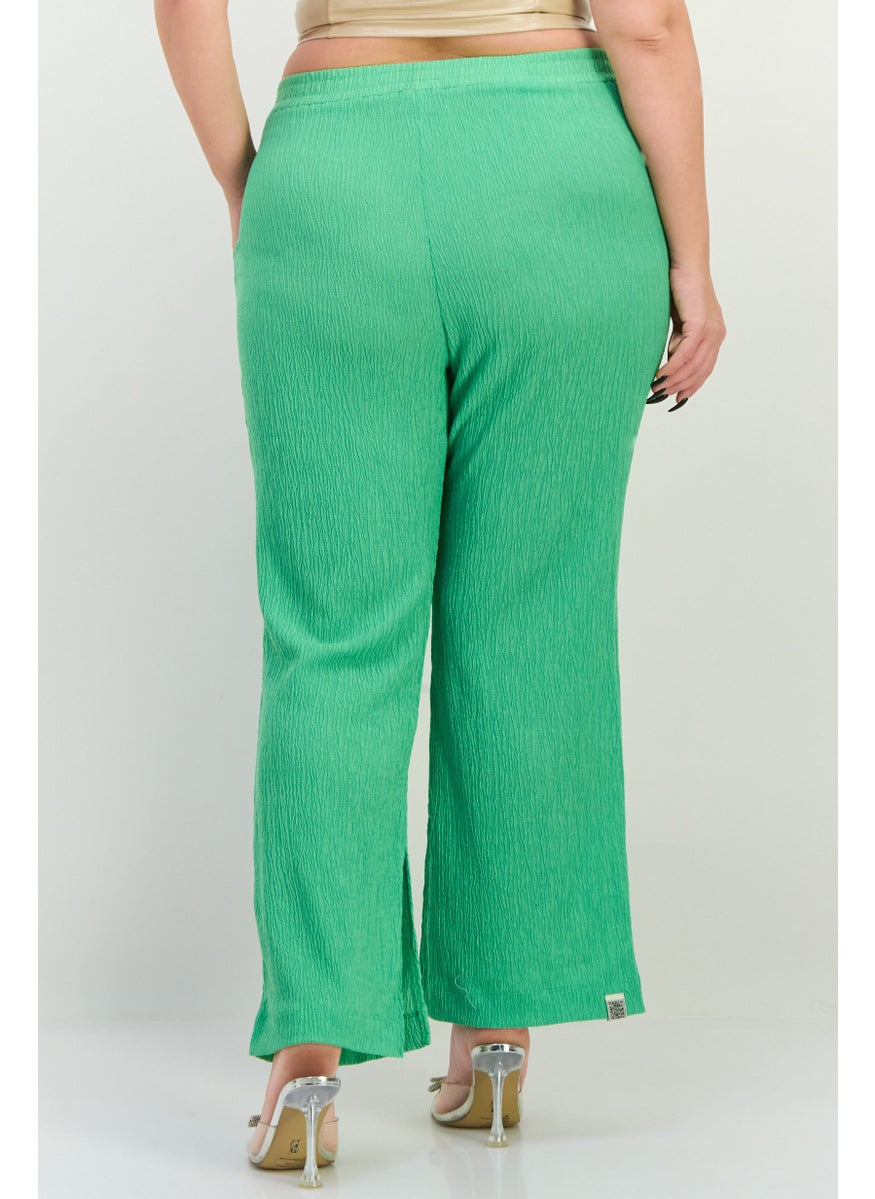 Women Regular Fit Textured Wide Leg Pants, Light Green