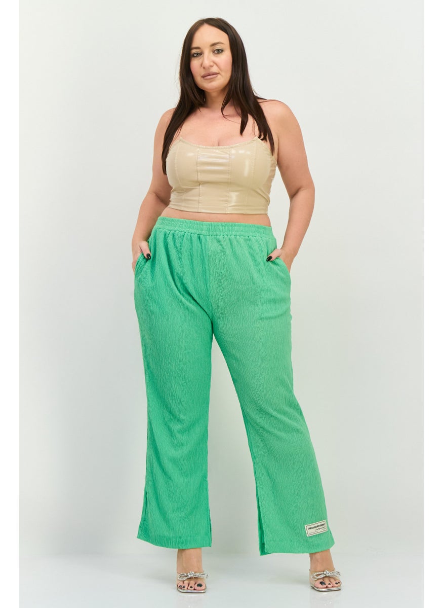 Women Regular Fit Textured Wide Leg Pants, Light Green