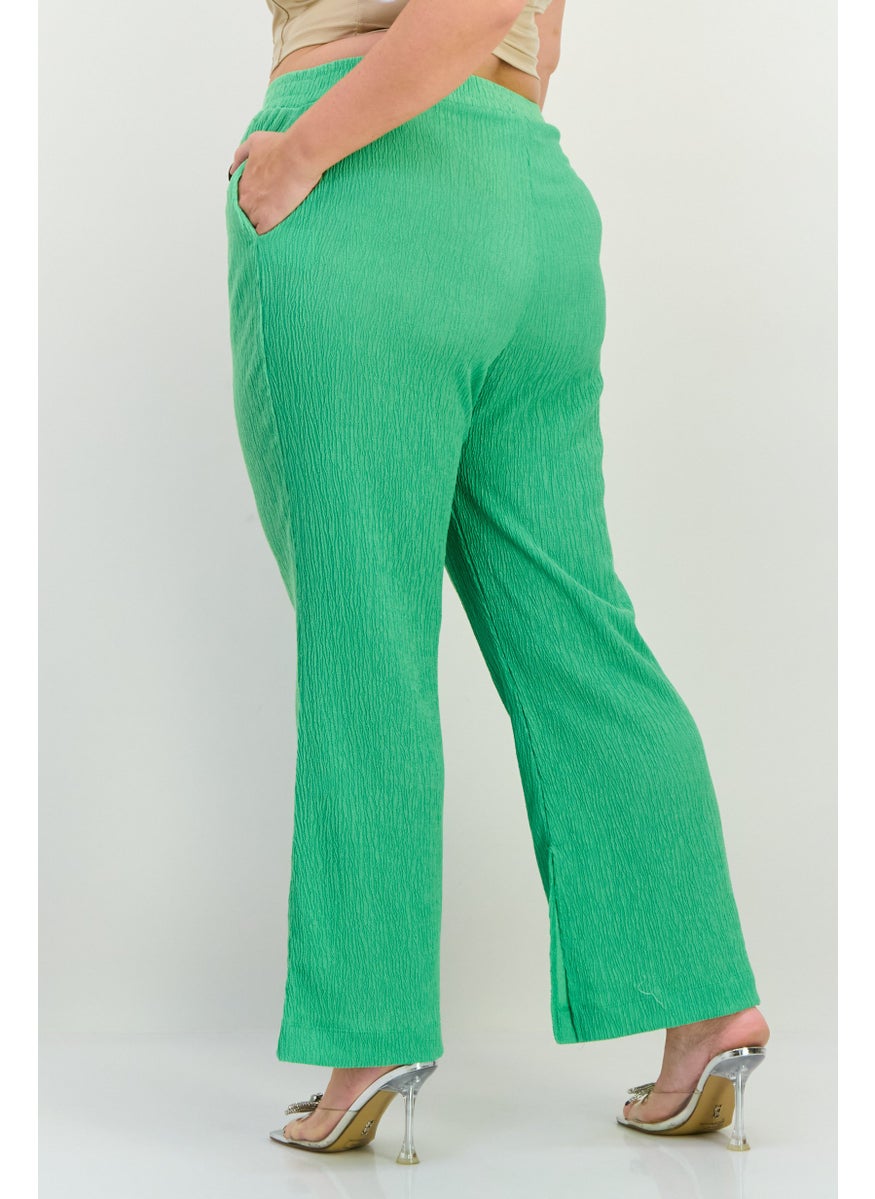 Women Regular Fit Textured Wide Leg Pants, Light Green