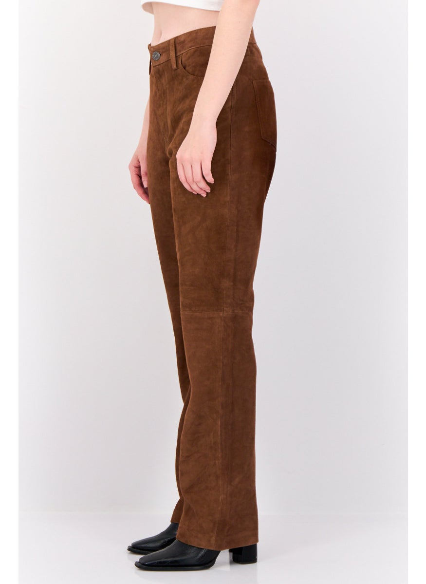 Women Regular Fit Solid Straight Leg Pants, Brown