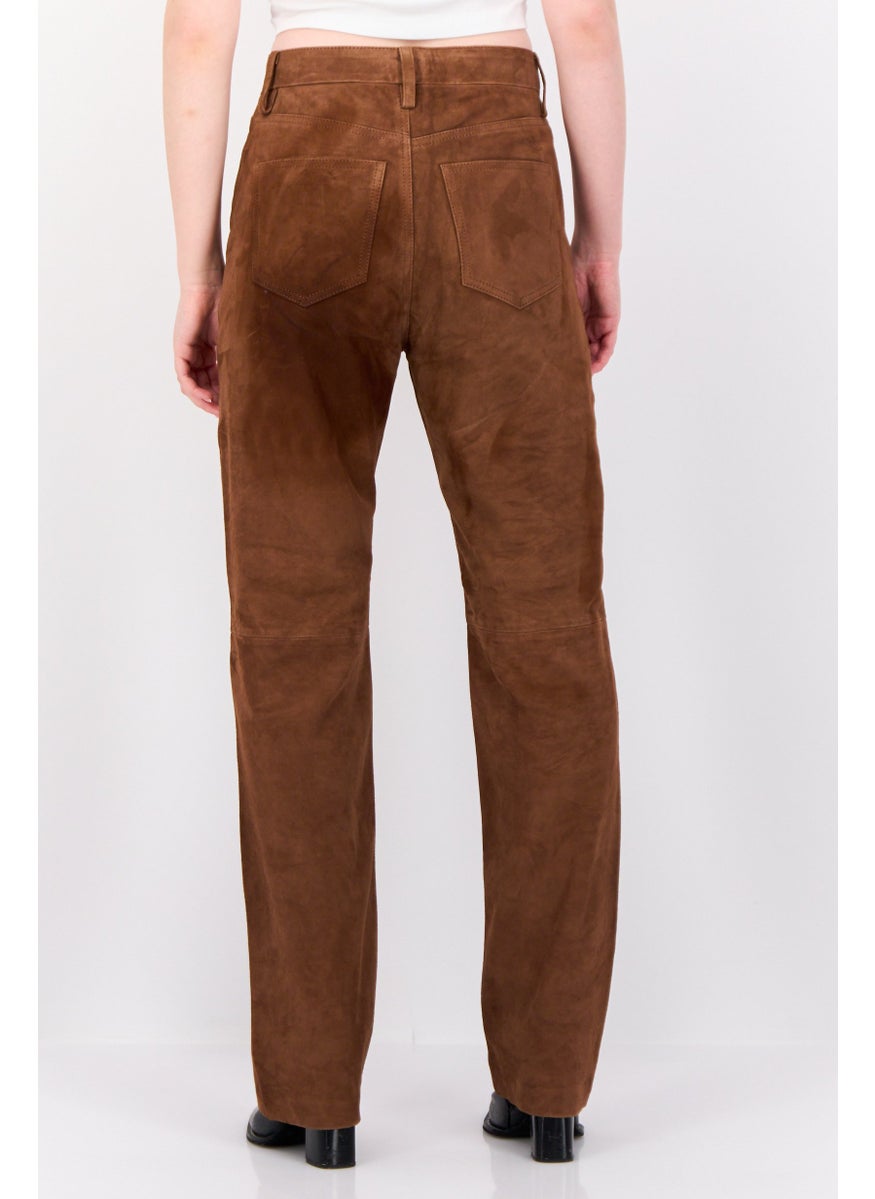 Women Regular Fit Solid Straight Leg Pants, Brown