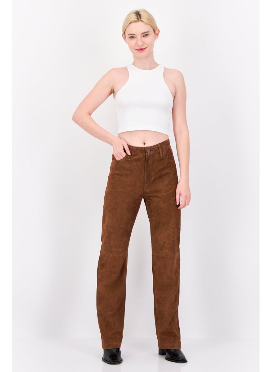 Women Regular Fit Solid Straight Leg Pants, Brown