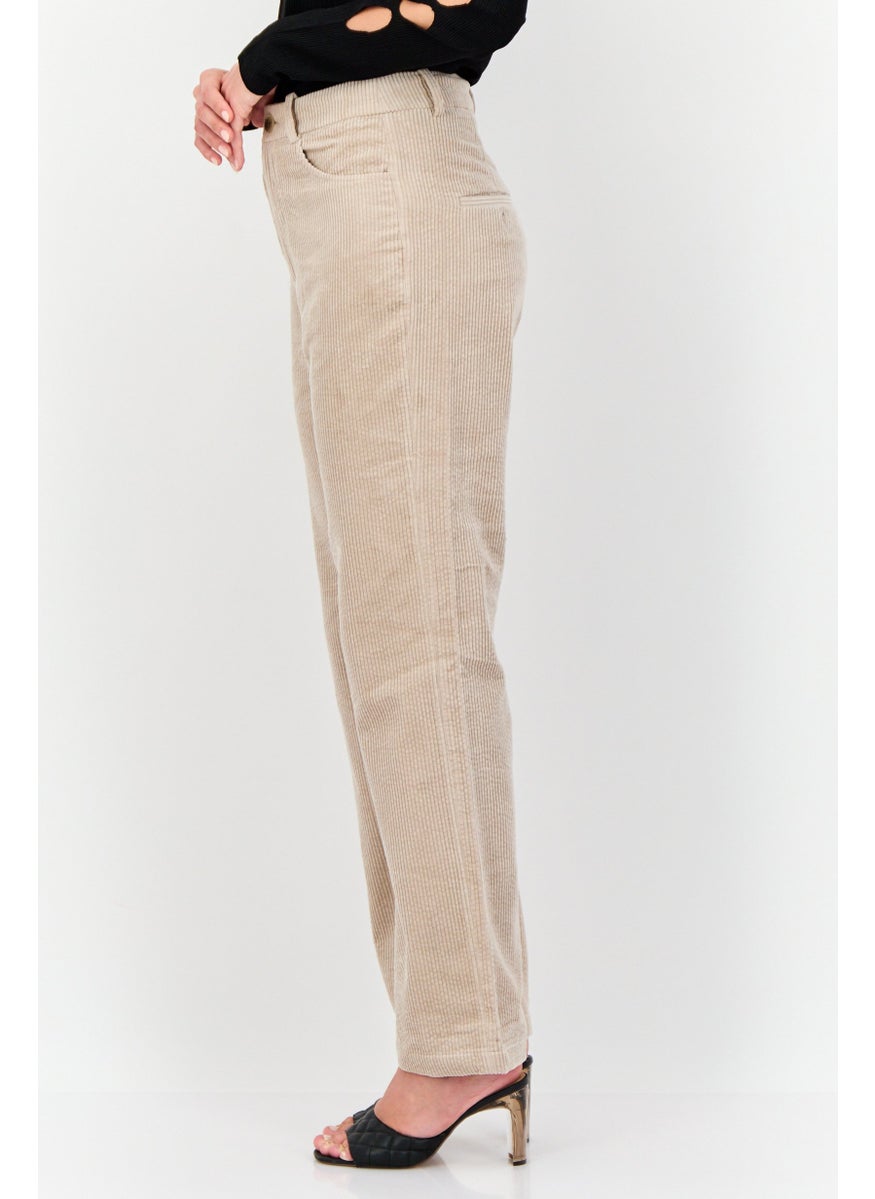 Women Regular Fit Textured Corduroy Pants, Taupe
