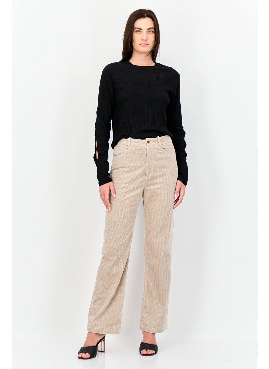 Women Regular Fit Textured Corduroy Pants, Taupe
