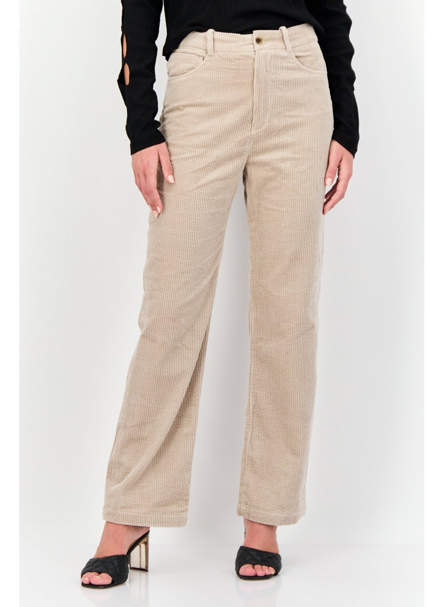 Women Regular Fit Textured Corduroy Pants, Taupe