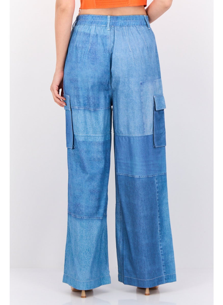Women Regular Fit Washed Cargo Pants, Blue