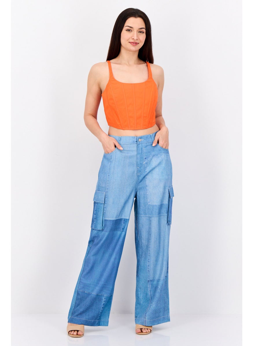 Women Regular Fit Washed Cargo Pants, Blue