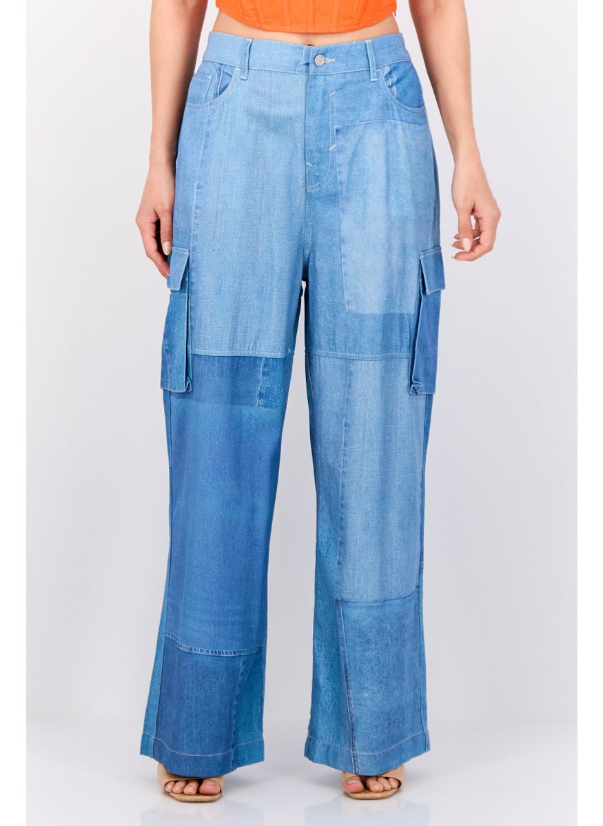 Women Regular Fit Washed Cargo Pants, Blue