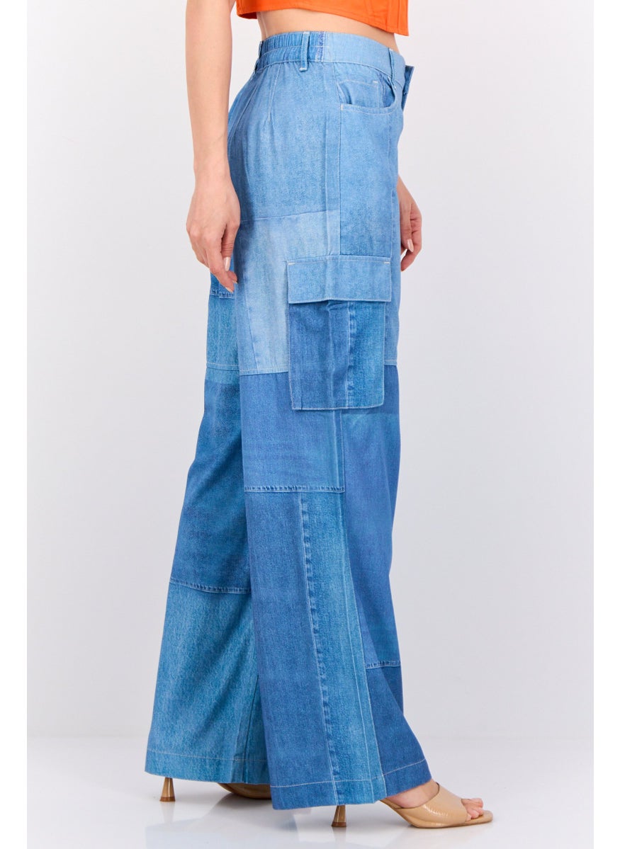 Women Regular Fit Washed Cargo Pants, Blue