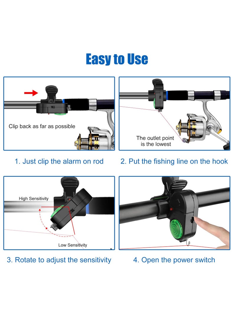 4 Pack Fishing Bite Alarm,Sensitive Electronic Fishing Bite Sound Alarm, Sound Bite Alert Bell with LED Lights Fishing Bells Clip On Fishing Rod for Daytime Night Carp Fishing Outdoor