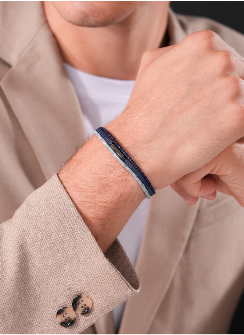 Strings.2 Greymetal Bracelet with Navy Blue Leather & Grey Silk Cord