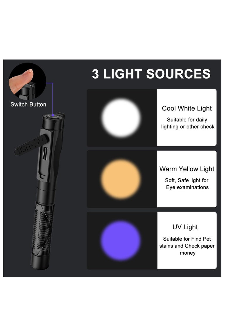 Pen Torch Medical, Rechargeable USB Diagnostic Pen Light, 3-Colour Light, Portable LED Penlight with Pocket Clip for Nurses Student Doctors
