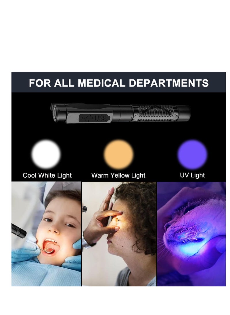 Pen Torch Medical, Rechargeable USB Diagnostic Pen Light, 3-Colour Light, Portable LED Penlight with Pocket Clip for Nurses Student Doctors