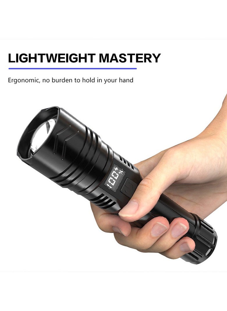 Ultra Bright 100K Lumens Long-Lasting Flashlight – Charge-Easy Outdoor Emergency Light with 3 Modes (High/Low/Strobe), Intelligent Battery Display, SYSTEM SLIDER FOCUS, Type-C, Ergonomic ABS, 1.5m Drop & Life Water Resistant, 5-10h Runtime, 1-2h Charging