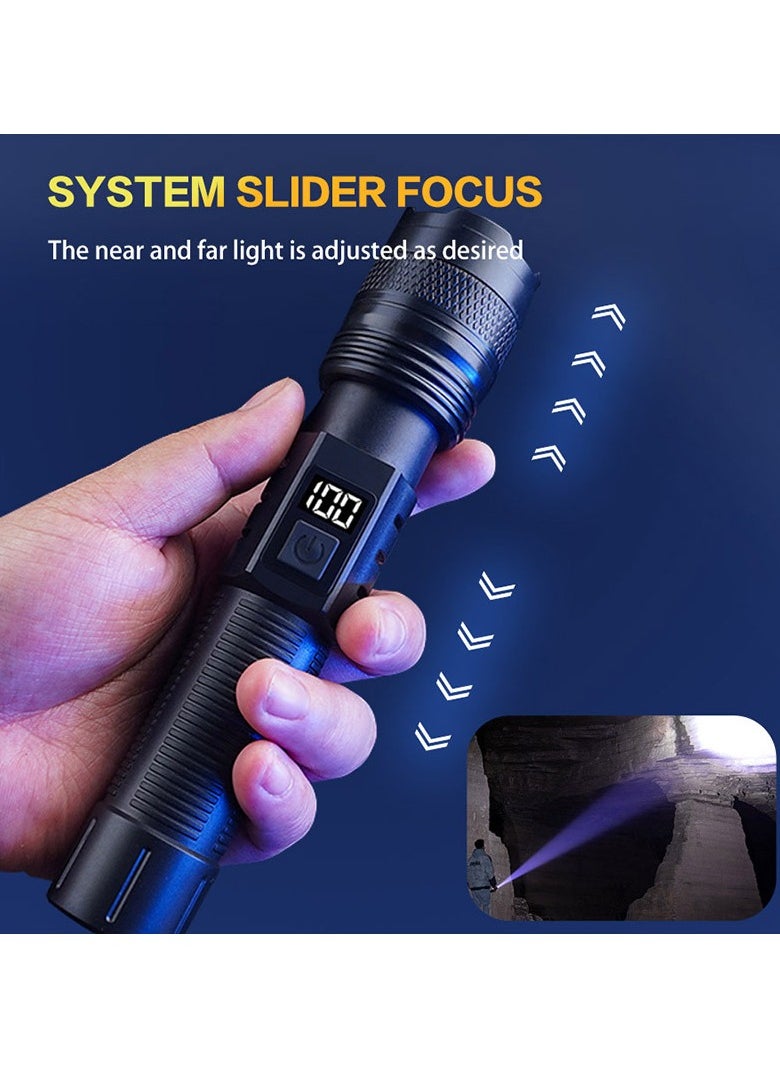 Ultra Bright 100K Lumens Long-Lasting Flashlight – Charge-Easy Outdoor Emergency Light with 3 Modes (High/Low/Strobe), Intelligent Battery Display, SYSTEM SLIDER FOCUS, Type-C, Ergonomic ABS, 1.5m Drop & Life Water Resistant, 5-10h Runtime, 1-2h Charging