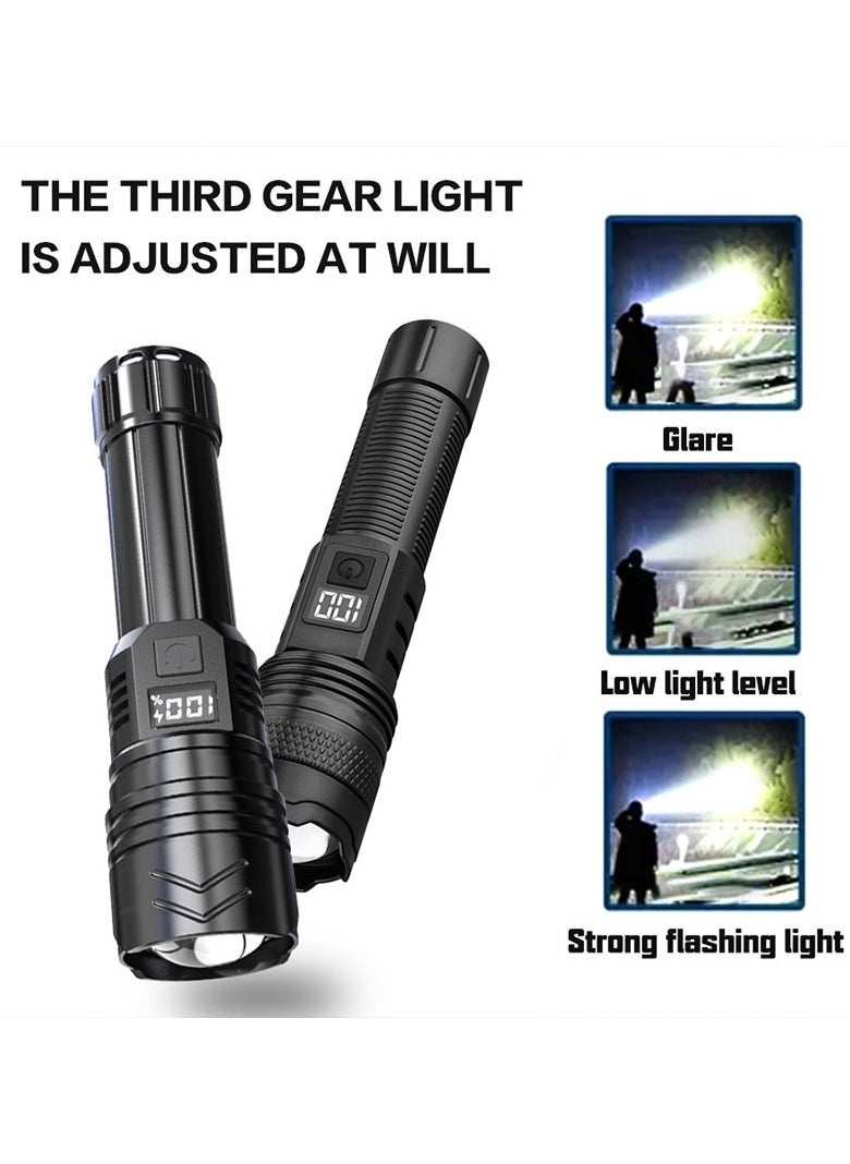 Ultra Bright 100K Lumens Long-Lasting Flashlight – Charge-Easy Outdoor Emergency Light with 3 Modes (High/Low/Strobe), Intelligent Battery Display, SYSTEM SLIDER FOCUS, Type-C, Ergonomic ABS, 1.5m Drop & Life Water Resistant, 5-10h Runtime, 1-2h Charging