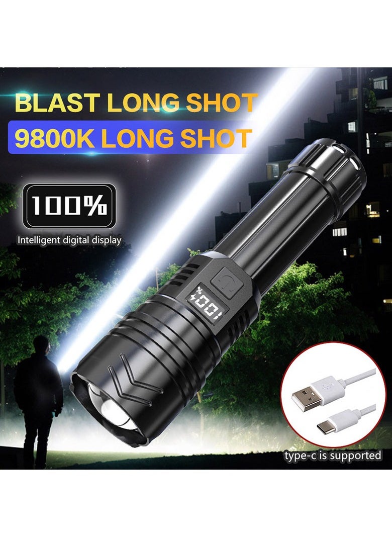 Ultra Bright 100K Lumens Long-Lasting Flashlight – Charge-Easy Outdoor Emergency Light with 3 Modes (High/Low/Strobe), Intelligent Battery Display, SYSTEM SLIDER FOCUS, Type-C, Ergonomic ABS, 1.5m Drop & Life Water Resistant, 5-10h Runtime, 1-2h Charging