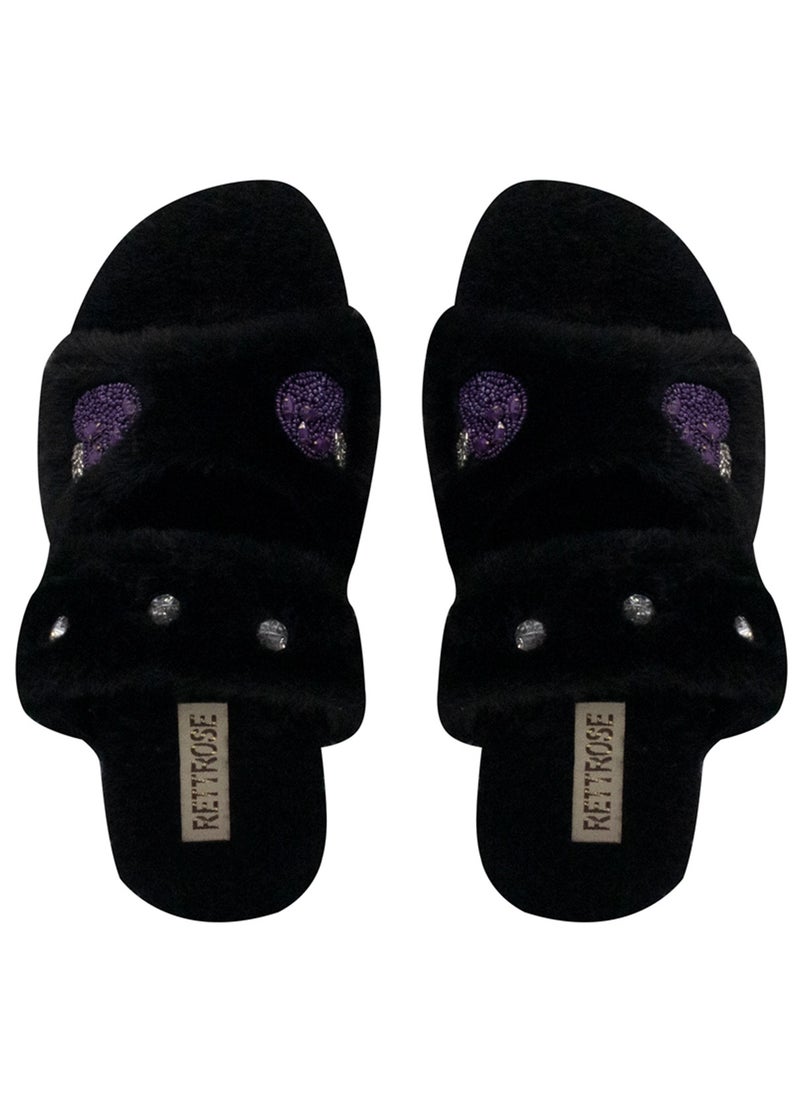 The Ada Black Luxury Plush Diamanté Embellished Handmade Slipper