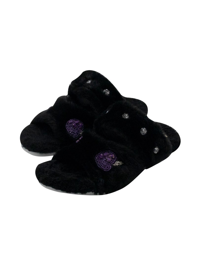 The Ada Black Luxury Plush Diamanté Embellished Handmade Slipper