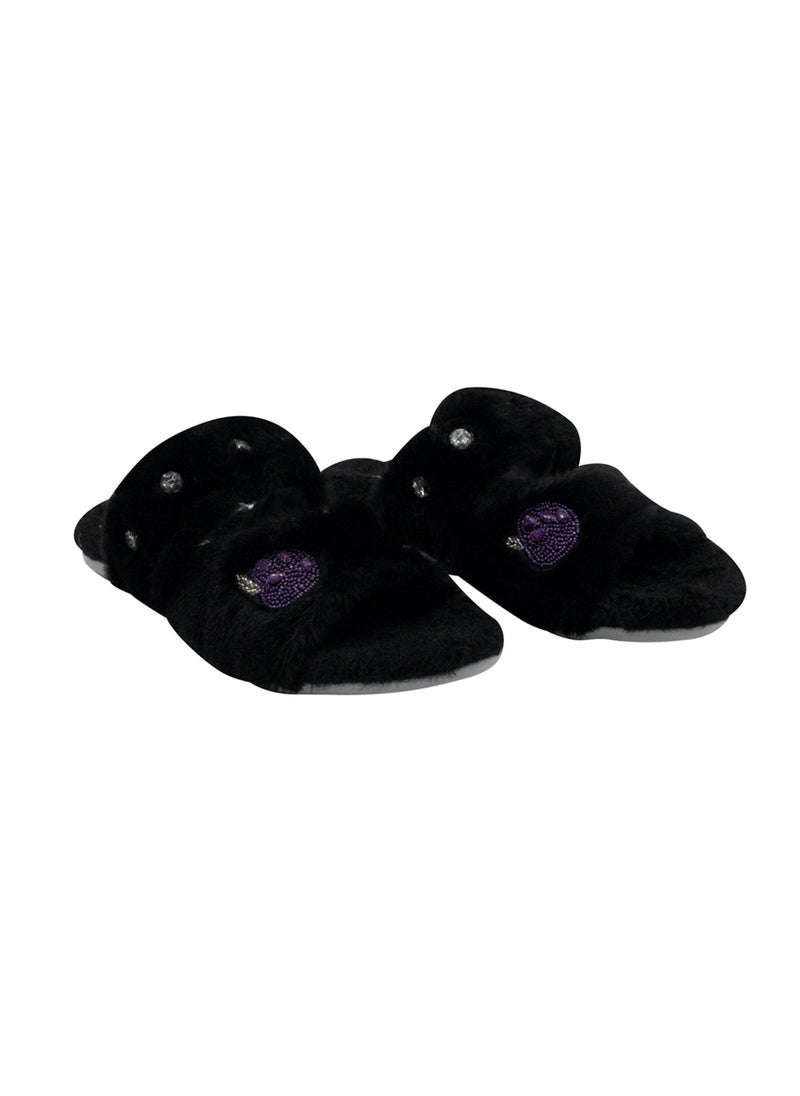 The Ada Black Luxury Plush Diamanté Embellished Handmade Slipper