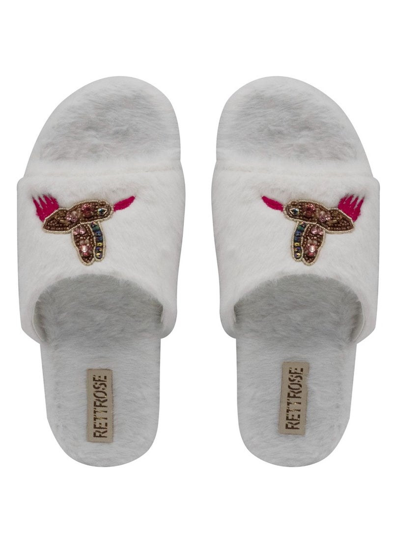 The Ariella Cream Luxury Plush Diamanté Embellished Handmade Slipper