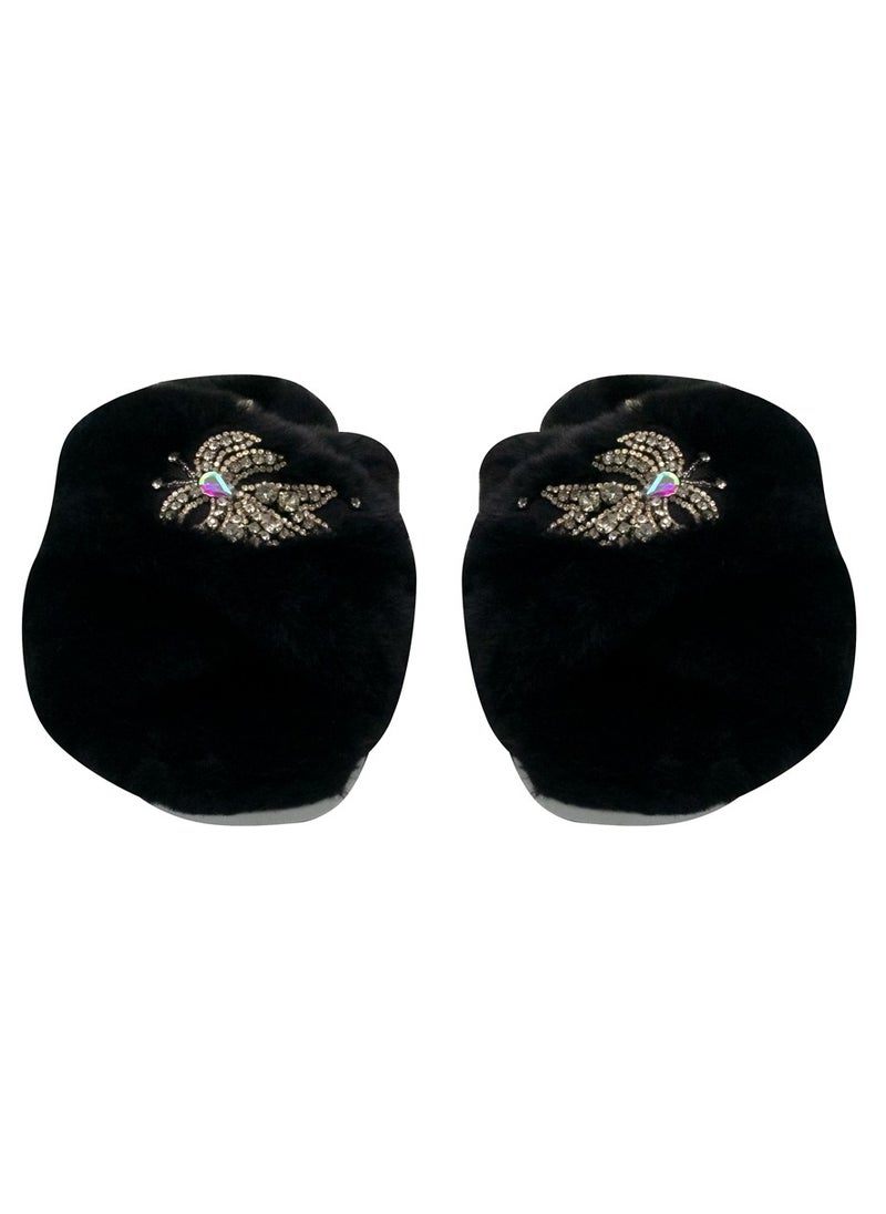 The Katherine Black Luxury Plush Diamanté Embellished Handmade Slipper