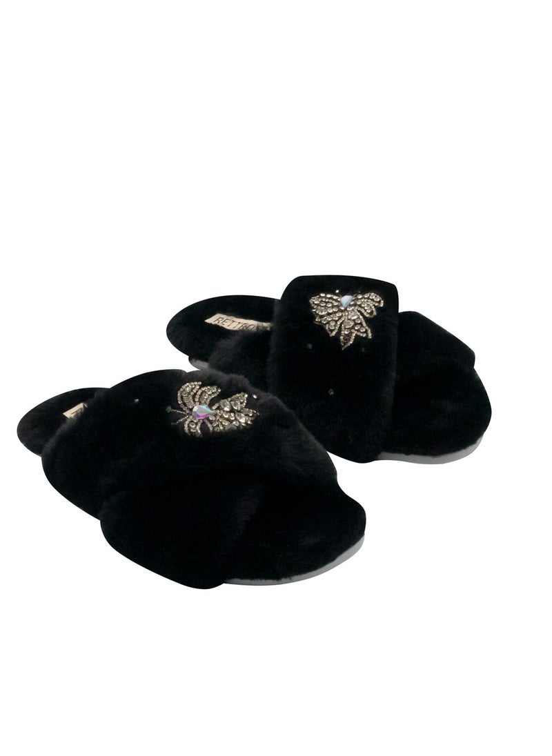The Katherine Black Luxury Plush Diamanté Embellished Handmade Slipper