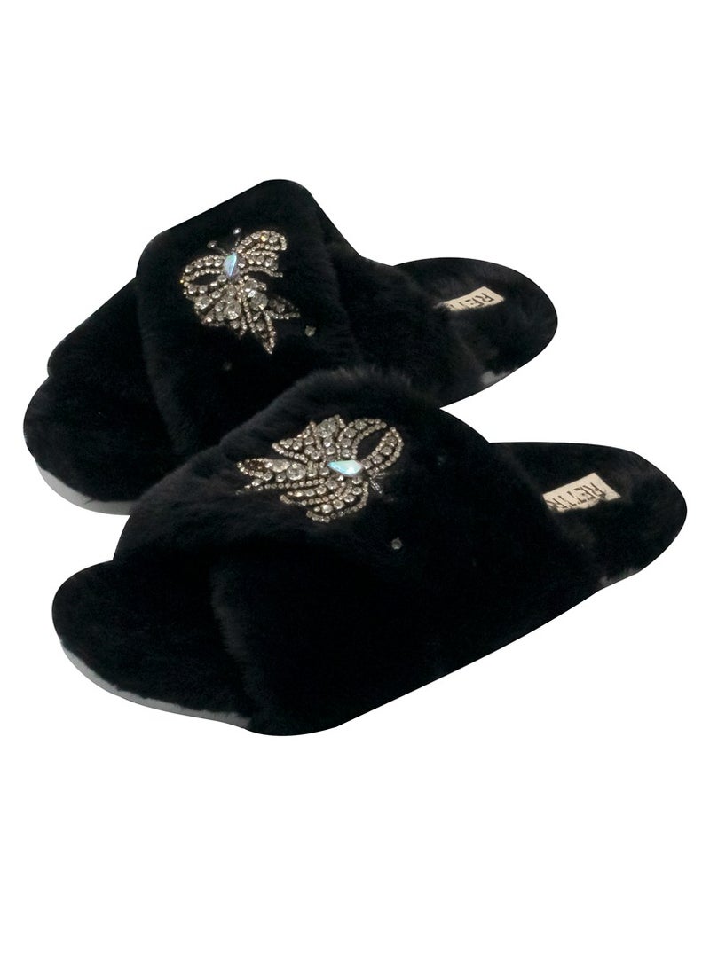 The Katherine Black Luxury Plush Diamanté Embellished Handmade Slipper