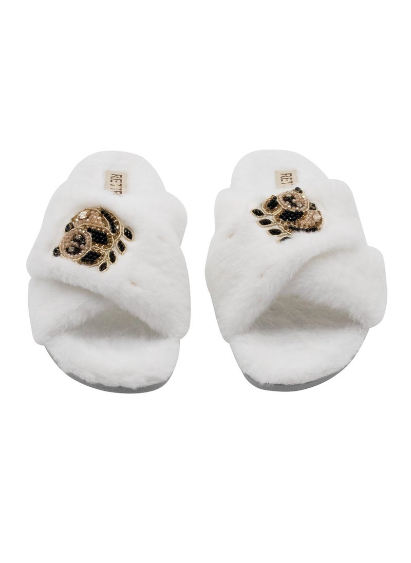 The Ember Cream Luxury Plush Diamanté Embellished Handmade Slipper