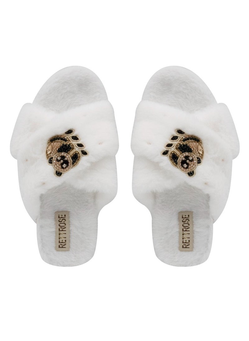 The Ember Cream Luxury Plush Diamanté Embellished Handmade Slipper