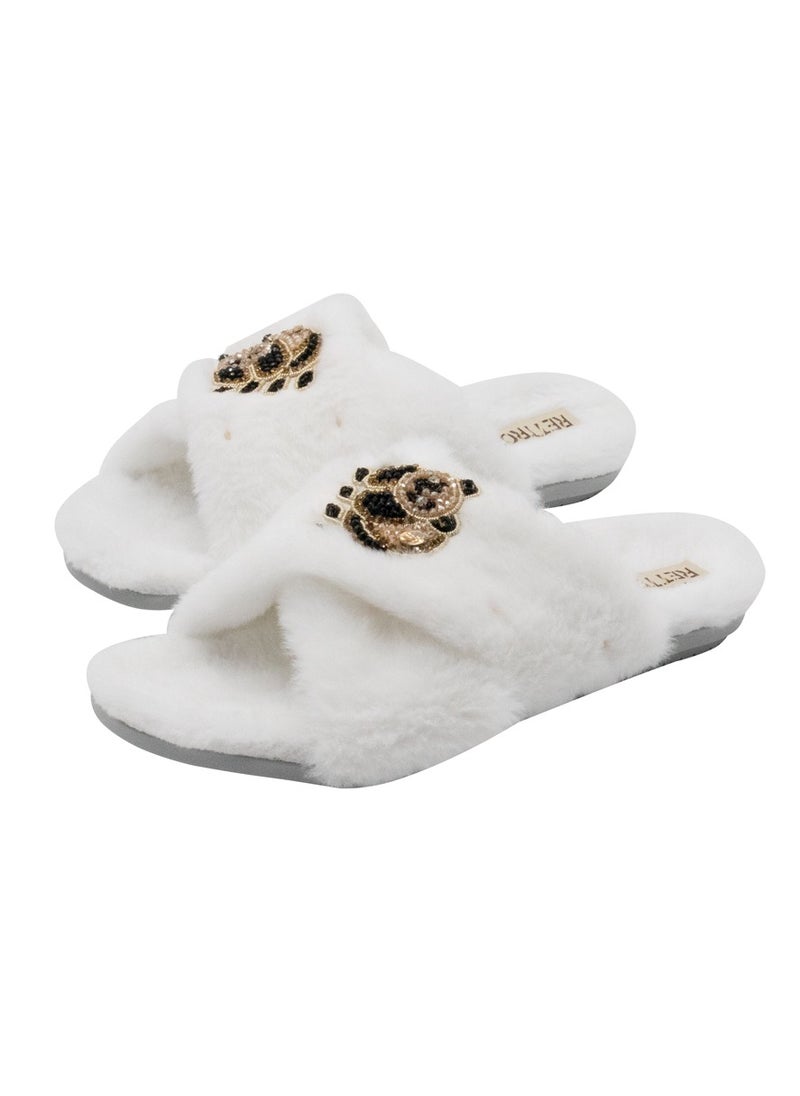 The Ember Cream Luxury Plush Diamanté Embellished Handmade Slipper
