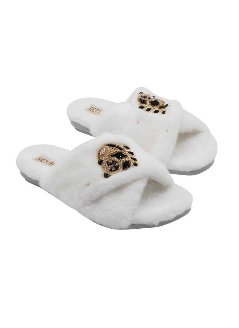 The Ember Cream Luxury Plush Diamanté Embellished Handmade Slipper