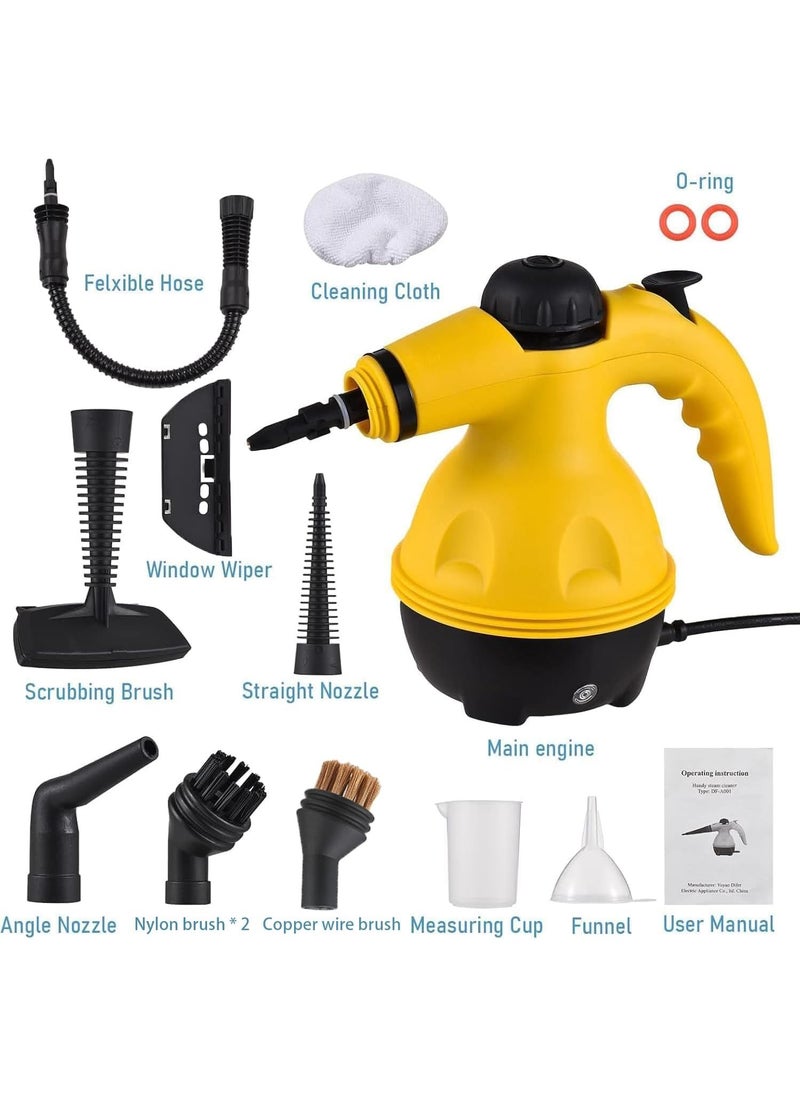 Portable Handheld Steam Cleaner 1000W Multifunctional High Temperature Pressurized Steam Cleaning Machine with 9PCS Accessory for Kitchen Sofa Bathroom Car Window,2 Nylon and 1 Copper Brush