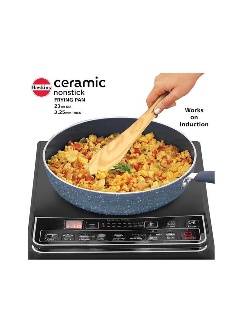 Hawkins Ceramic Nonstick Frying Pan, 24 cm Diameter, Induction Fry Pan with Glass Lid, Granite Omlette Egg Pan, Fish Pan, Blue (ICF24G)