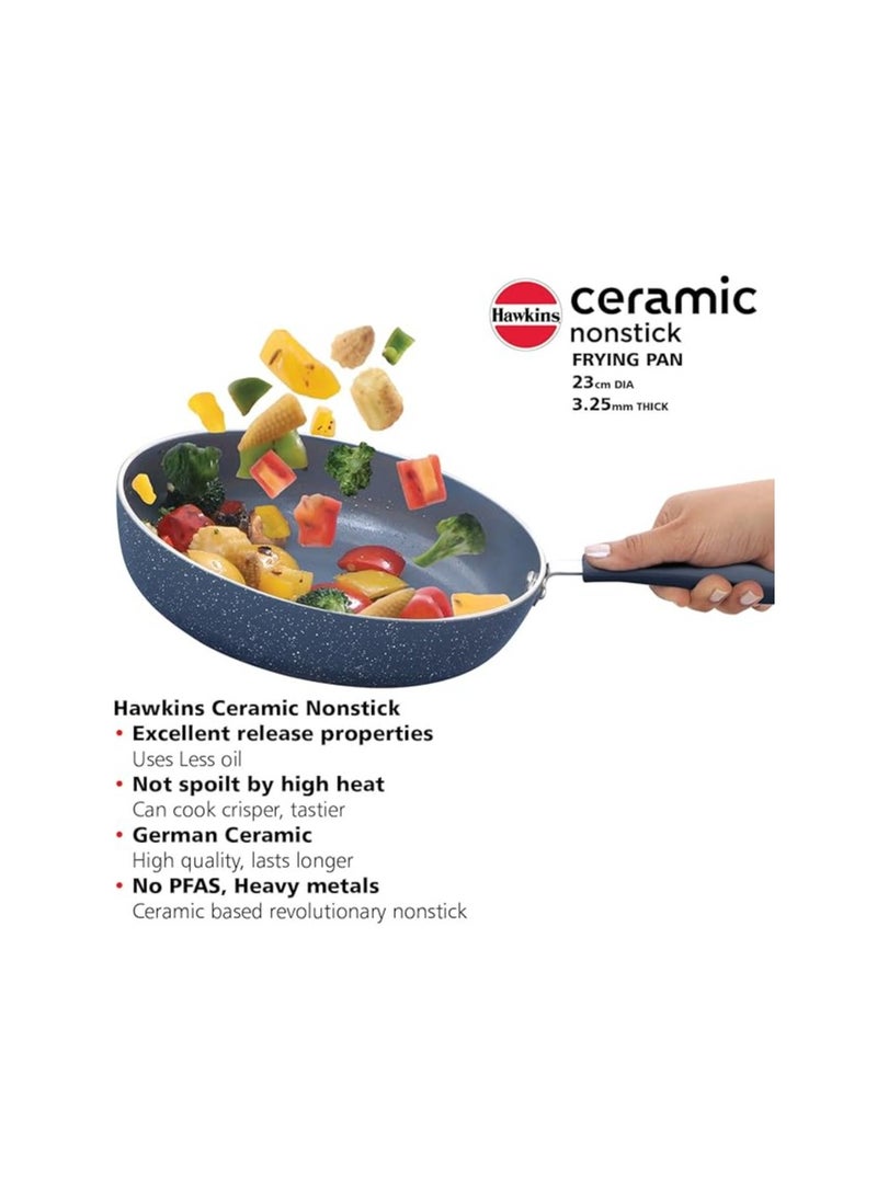 Hawkins Ceramic Nonstick Frying Pan, 24 cm Diameter, Induction Fry Pan with Glass Lid, Granite Omlette Egg Pan, Fish Pan, Blue (ICF24G)