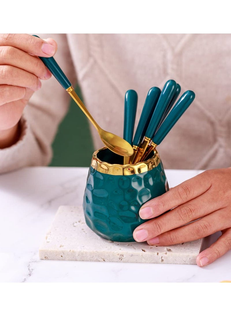 Coffee Dessert Spoon Set Coffee Spoon Holder Ceramic Jar Spoon Organizer with Ice Cream Metal Spoons Teaspoons Coffee Dessert Flatware