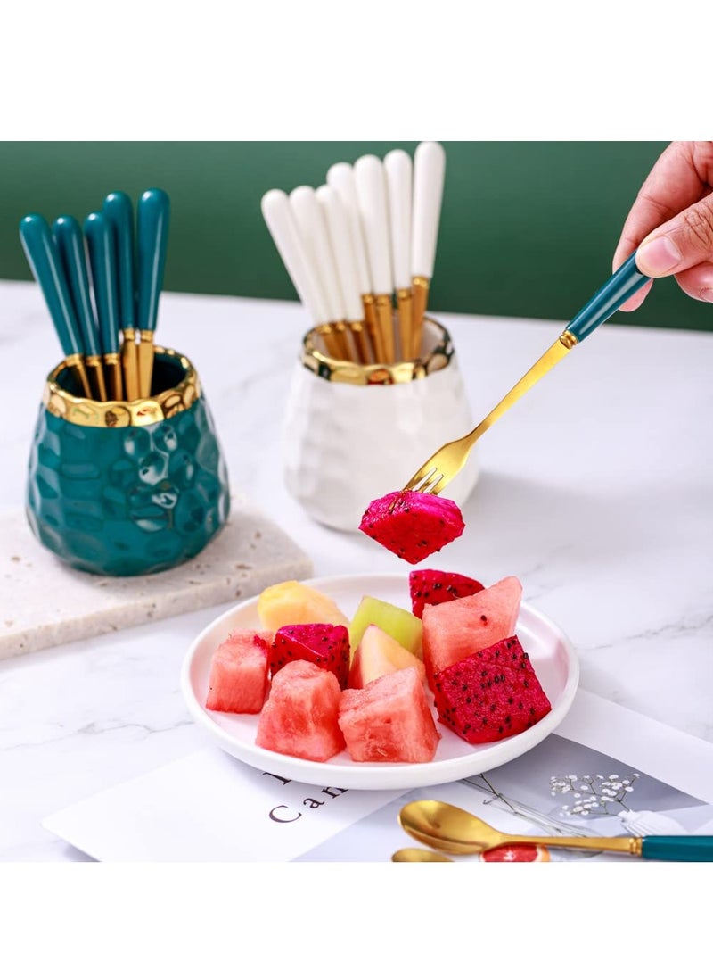 Coffee Dessert Spoon Set Coffee Spoon Holder Ceramic Jar Spoon Organizer with Ice Cream Metal Spoons Teaspoons Coffee Dessert Flatware