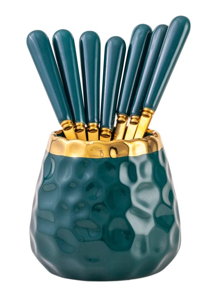 Coffee Dessert Spoon Set Coffee Spoon Holder Ceramic Jar Spoon Organizer with Ice Cream Metal Spoons Teaspoons Coffee Dessert Flatware