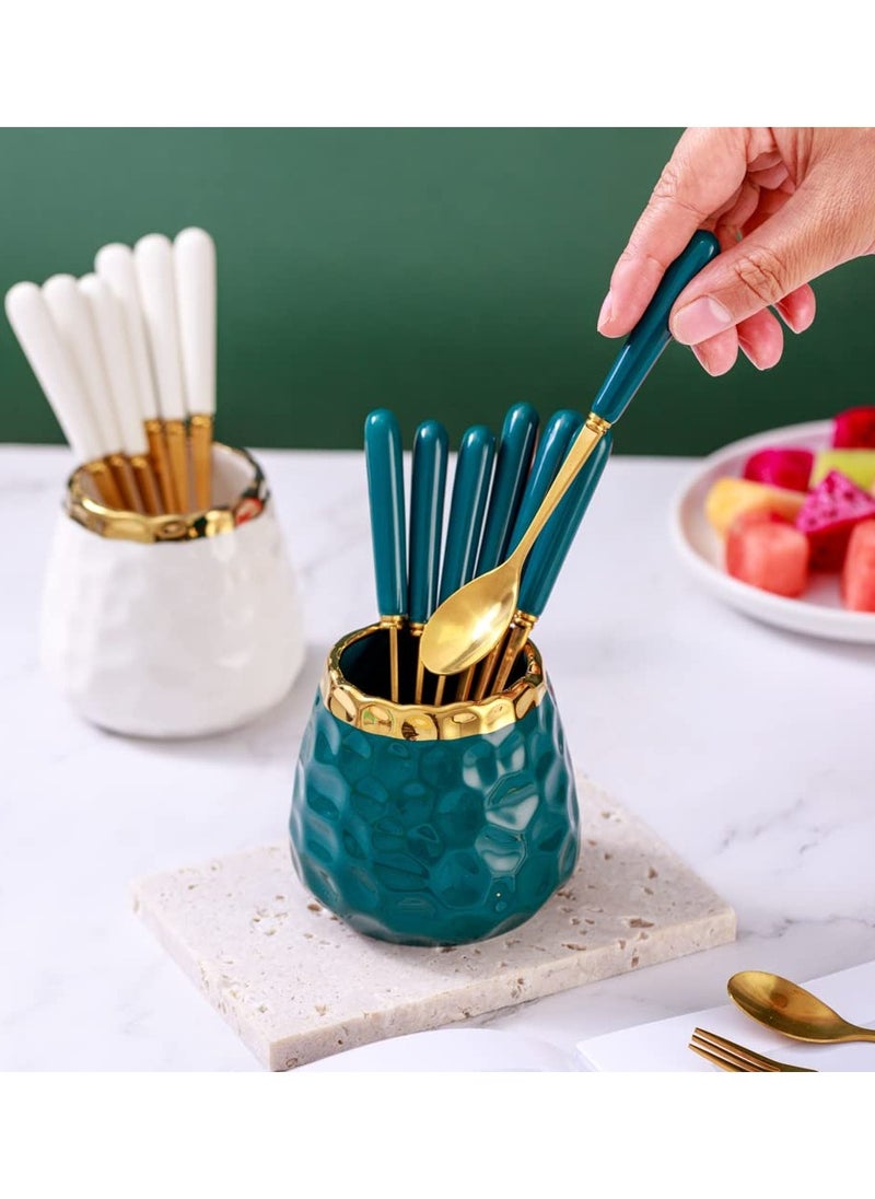 Coffee Dessert Spoon Set Coffee Spoon Holder Ceramic Jar Spoon Organizer with Ice Cream Metal Spoons Teaspoons Coffee Dessert Flatware