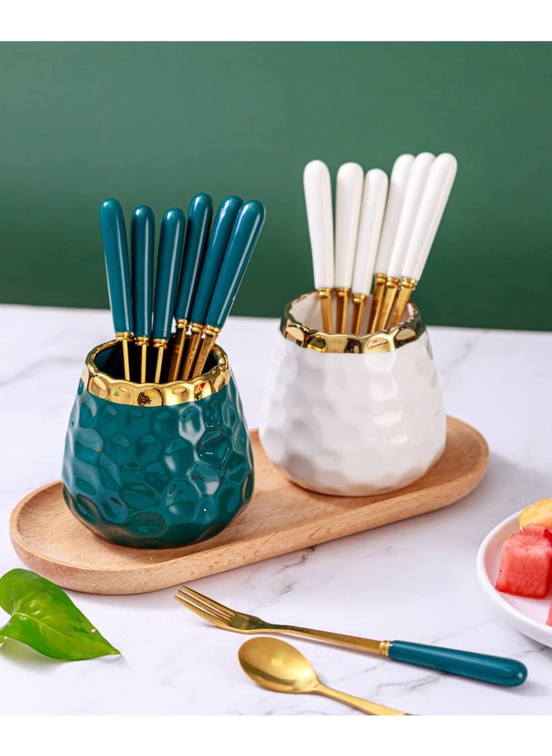 Coffee Dessert Spoon Set Coffee Spoon Holder Ceramic Jar Spoon Organizer with Ice Cream Metal Spoons Teaspoons Coffee Dessert Flatware