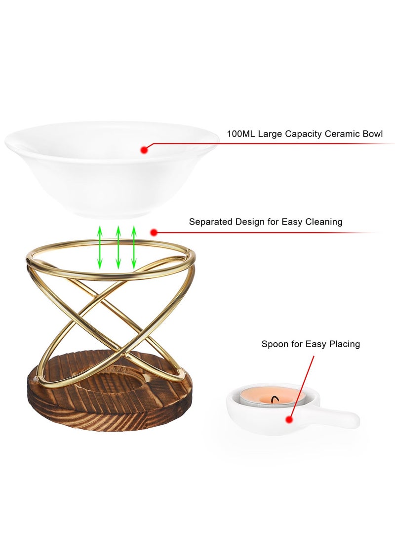 Metal Wooden Wax Melt Burner with Ceramic Bowl, Aromatherapy Essential Oil Diffuser, Elegant Tealight Candle Holder, Home Fragrance Decor, Artistic Wax Warmer, Relaxation Gift Accessory