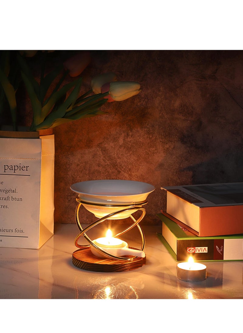 Metal Wooden Wax Melt Burner with Ceramic Bowl, Aromatherapy Essential Oil Diffuser, Elegant Tealight Candle Holder, Home Fragrance Decor, Artistic Wax Warmer, Relaxation Gift Accessory