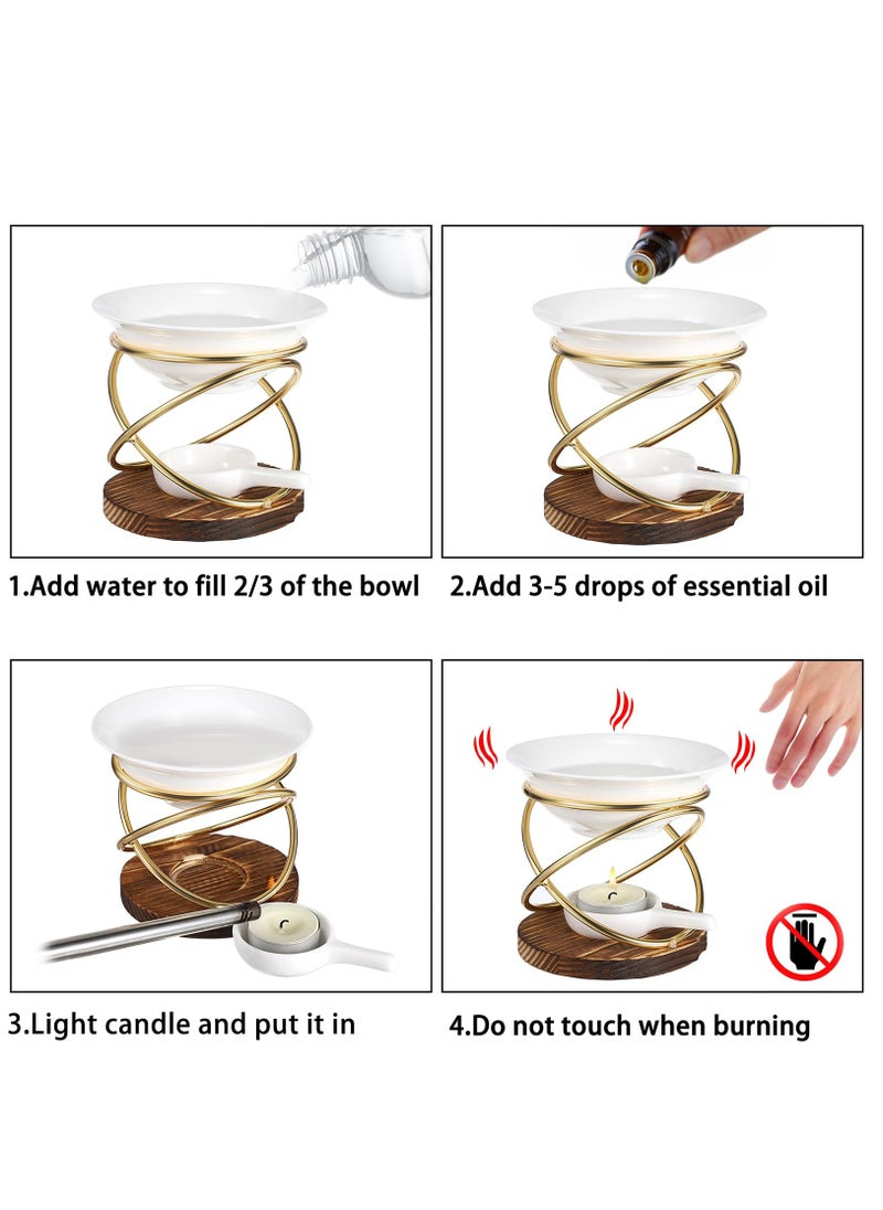 Metal Wooden Wax Melt Burner with Ceramic Bowl, Aromatherapy Essential Oil Diffuser, Elegant Tealight Candle Holder, Home Fragrance Decor, Artistic Wax Warmer, Relaxation Gift Accessory