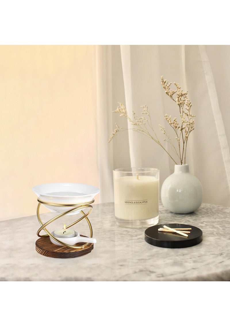 Metal Wooden Wax Melt Burner with Ceramic Bowl, Aromatherapy Essential Oil Diffuser, Elegant Tealight Candle Holder, Home Fragrance Decor, Artistic Wax Warmer, Relaxation Gift Accessory