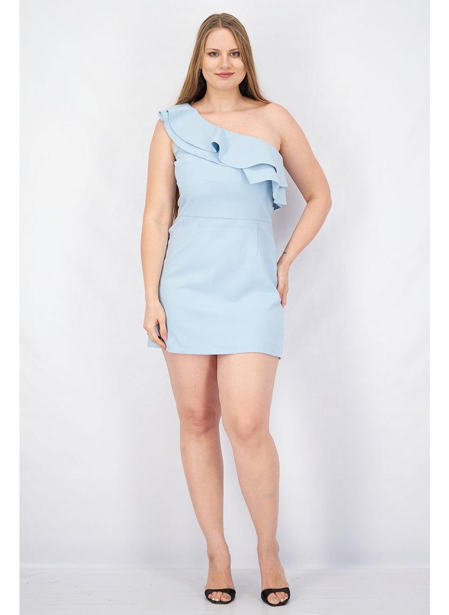 Women Solid Asymmetric Neck Ruffle Detail Midi Dress, Blue