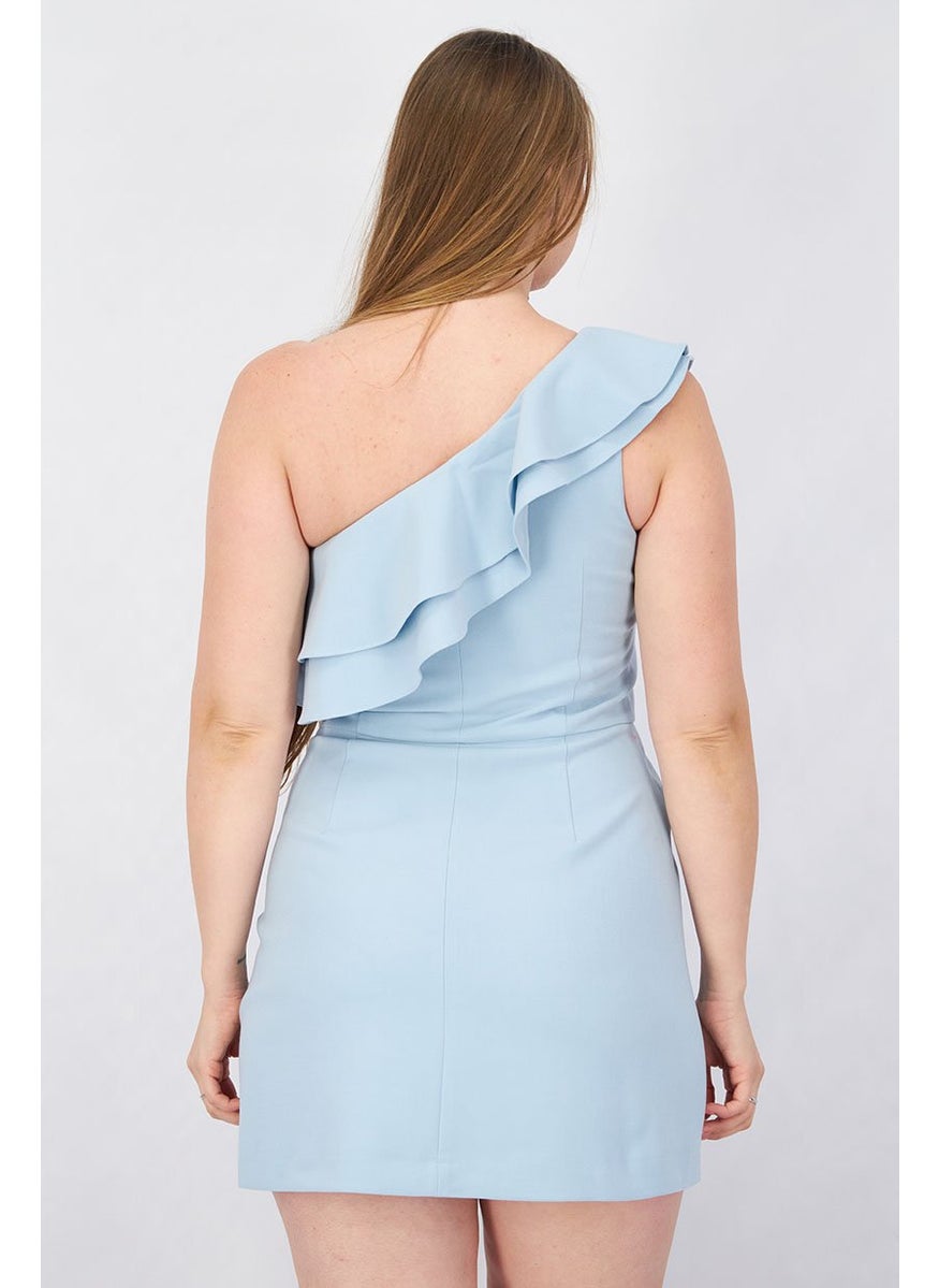 Women Solid Asymmetric Neck Ruffle Detail Midi Dress, Blue