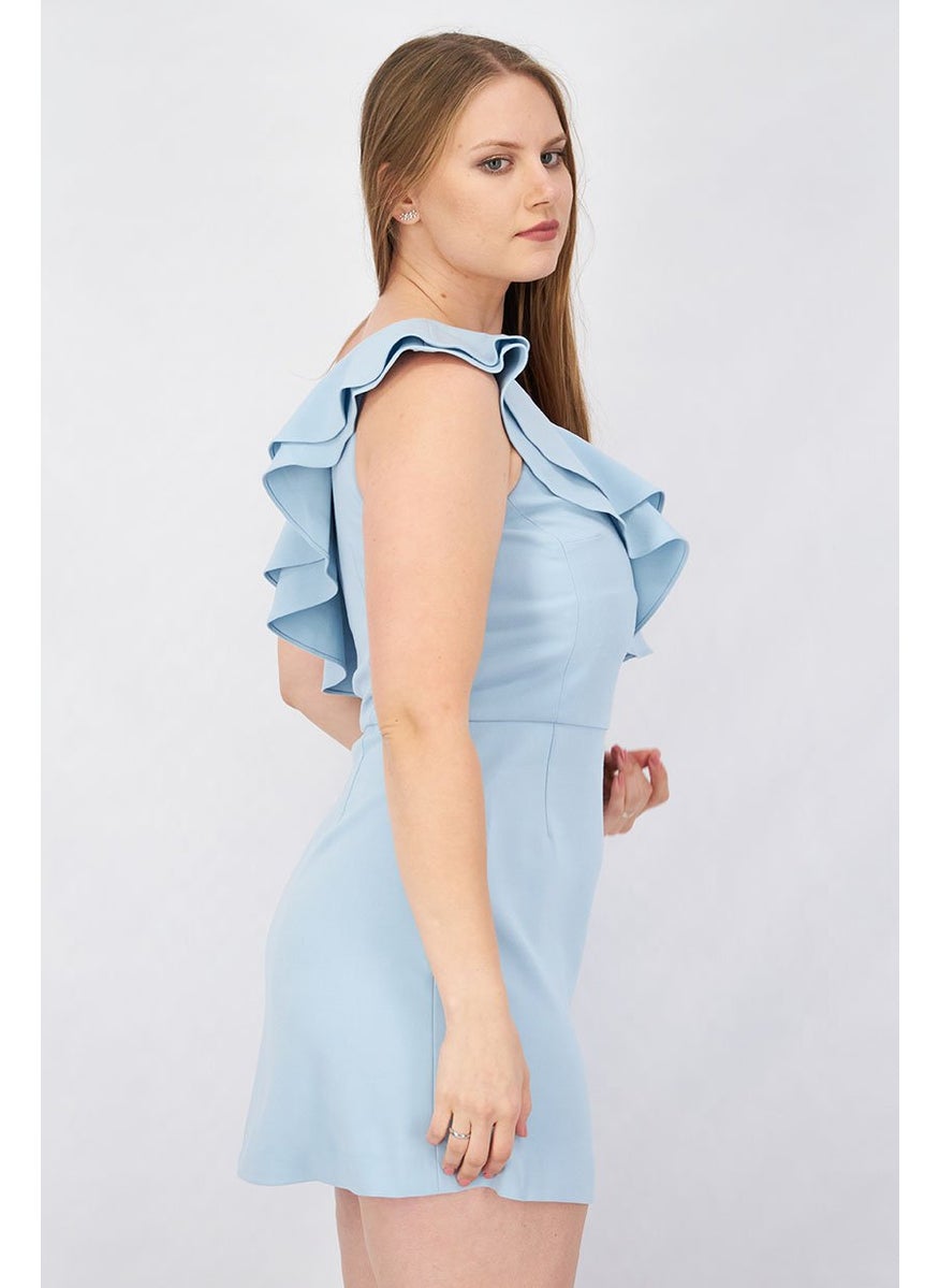 Women Solid Asymmetric Neck Ruffle Detail Midi Dress, Blue