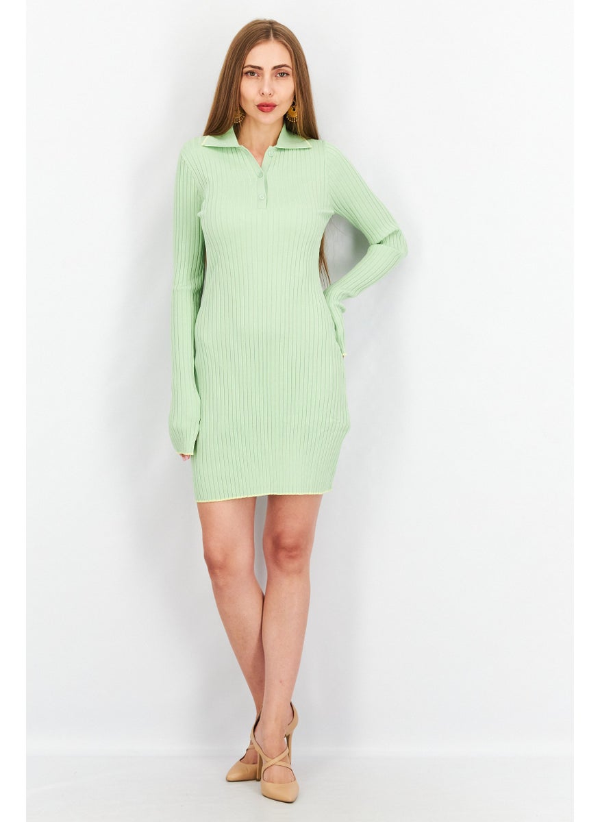 Women Spread Collar Long Sleeve Ribbed Mini Dress, Green