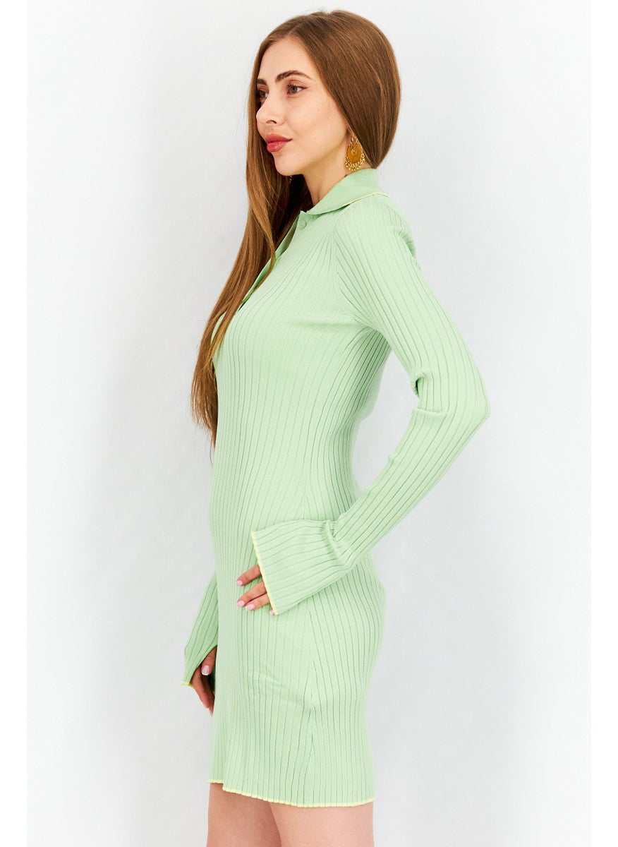 Women Spread Collar Long Sleeve Ribbed Mini Dress, Green