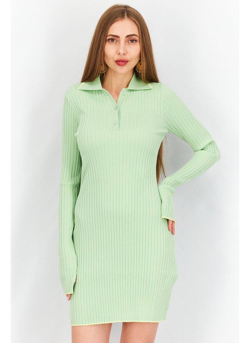 Women Spread Collar Long Sleeve Ribbed Mini Dress, Green
